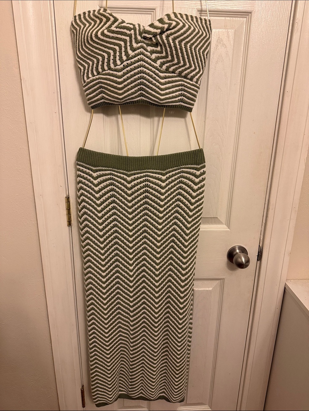 Striped Chevron Olive & White Knit Maxi Skirt & Strapless Top